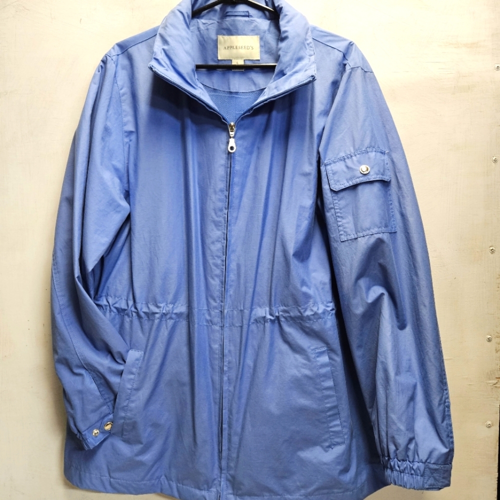 APPLESEED'S blue rain jacket with hideaway hood ~ womens large